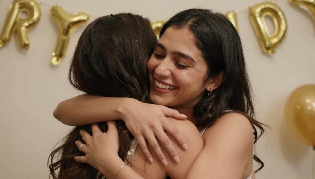 Best friends embracing during a birthday celebration, emotional moment