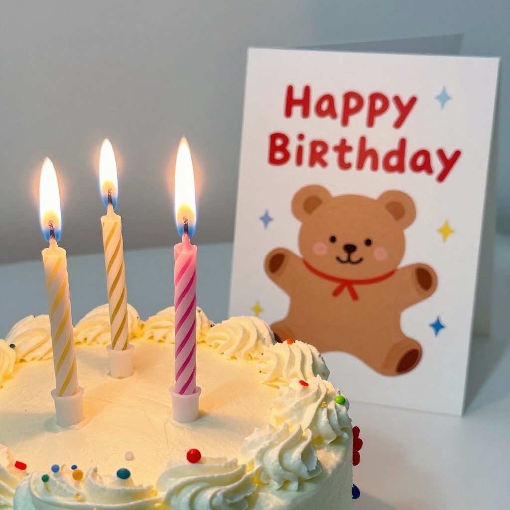 Birthday cake with candles and a humorous birthday card