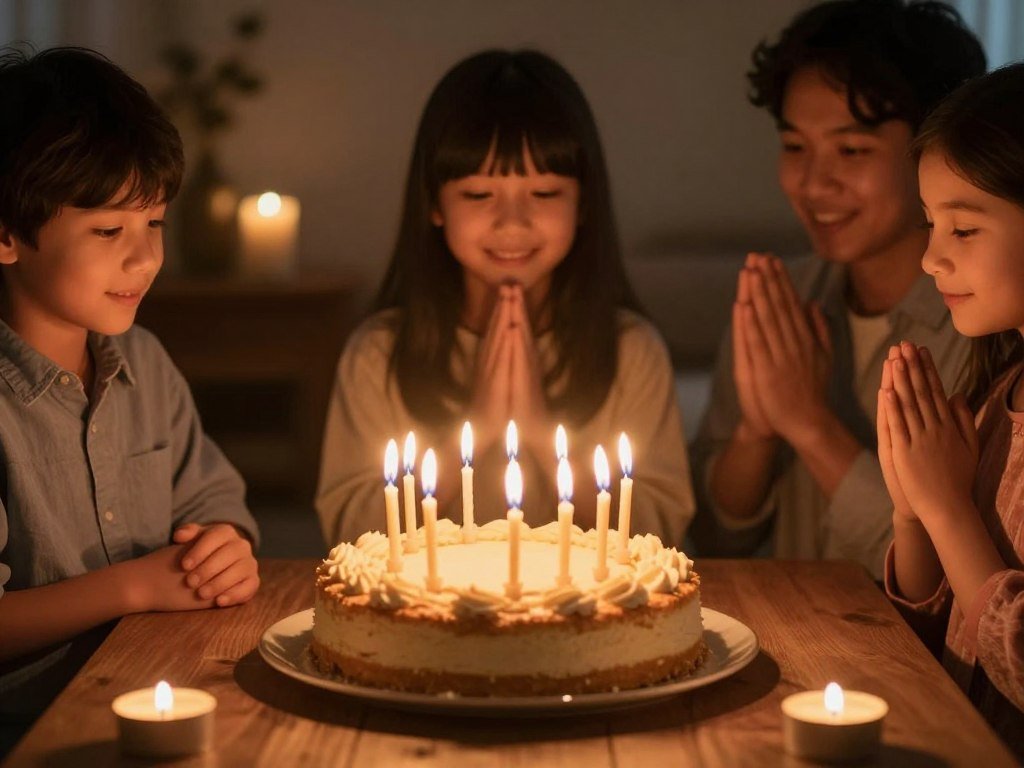 Birthday cake with candles in spiritual celebration setting