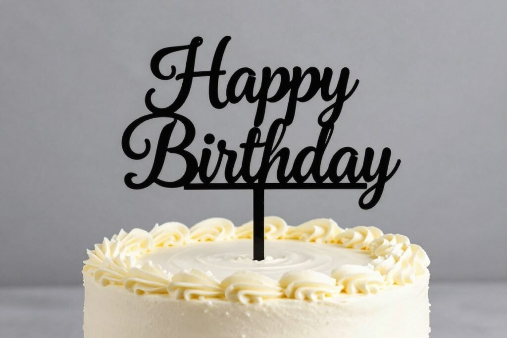 Birthday cake with custom topper featuring elegant happy birthday font Birthday cake with custom topper featuring elegant happy birthday font