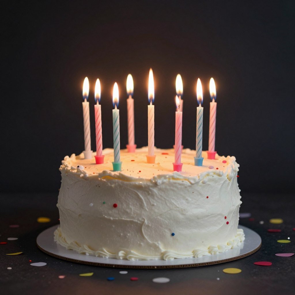 Birthday cake with lit candles and colorful confetti on a dark background representing happy birthday wishes pics