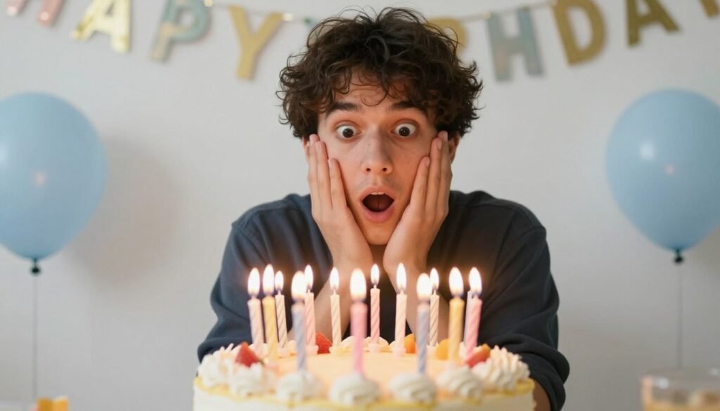 Birthday cake with too many candles and a person pretending to be shocked