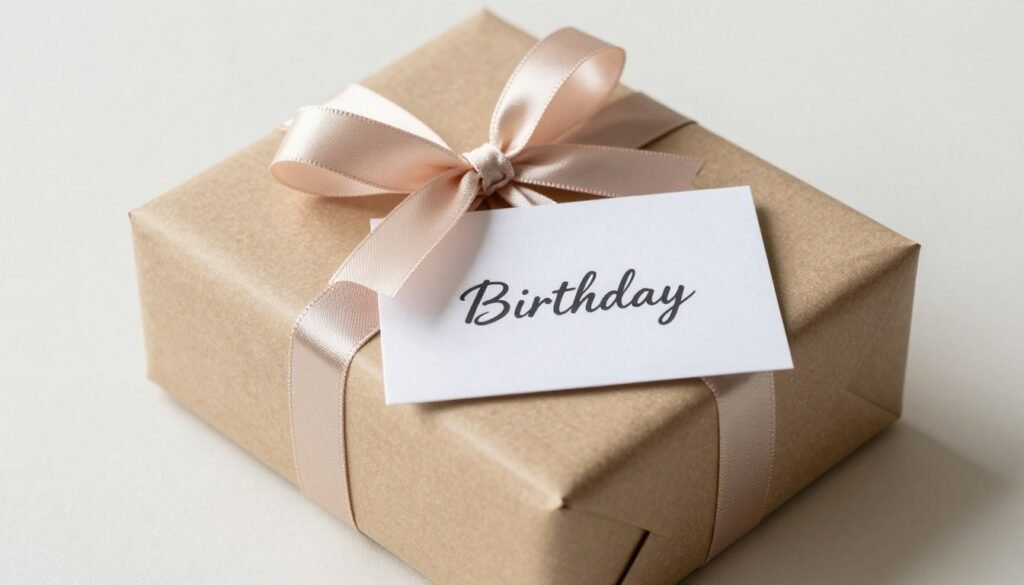 Birthday card attached to gift with decorative ribbon Birthday card attached to gift with decorative ribbon