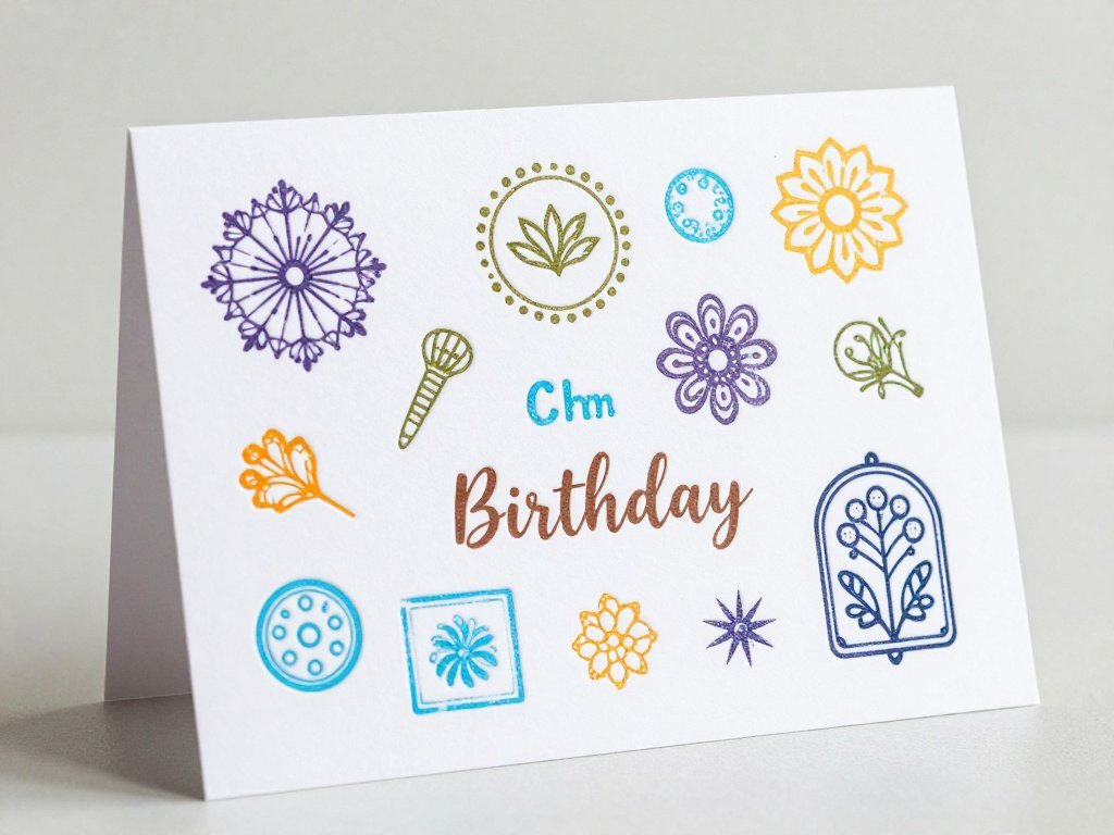 Birthday card created with decorative stamps and ink in various colors Birthday card created with decorative stamps and ink in various colors