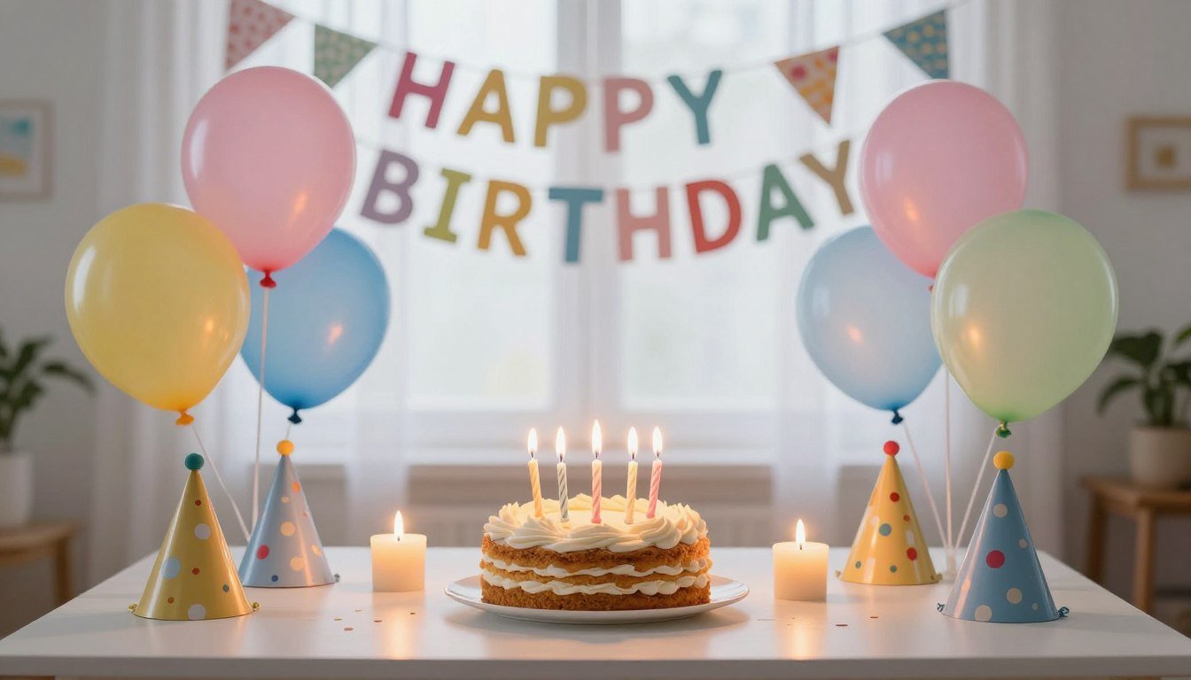 Birthday celebration setup with cake, candles, and colorful decorations for self-celebration
