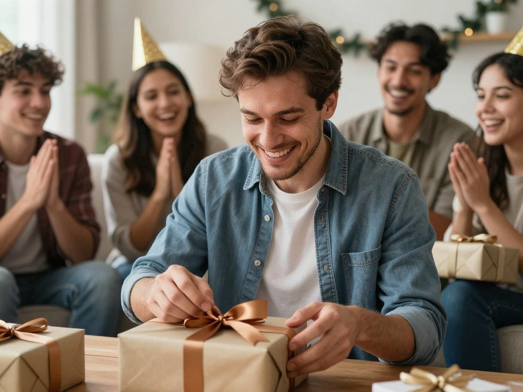Birthday celebration with a man opening gifts surrounded by friends Birthday celebration with a man opening gifts surrounded by friends