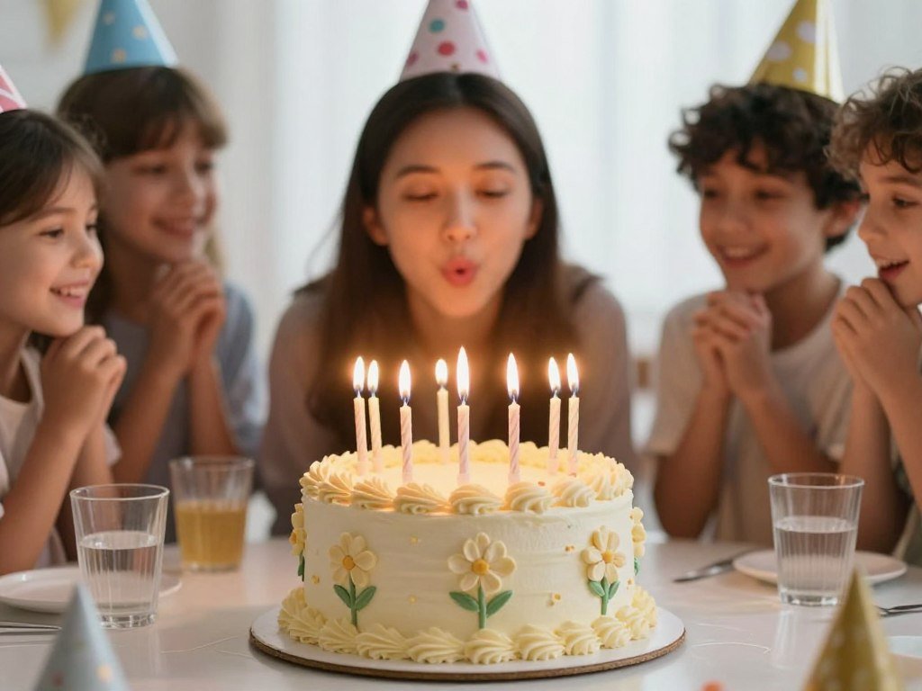 Birthday celebration with candles being blown out on a beautifully decorated cake