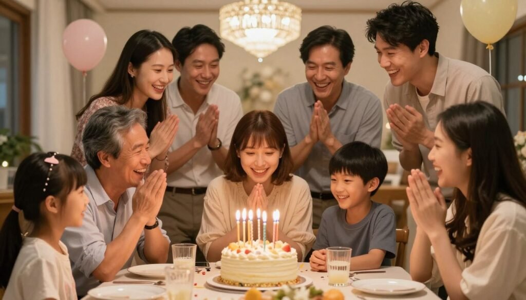 Birthday celebration with friends and family gathered around a cake with a joyful atmosphere