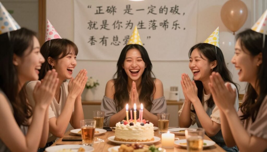 Birthday celebration with friends sharing quotes and laughter