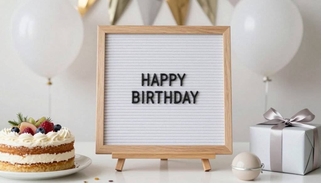 Birthday celebration with letter board displaying quote