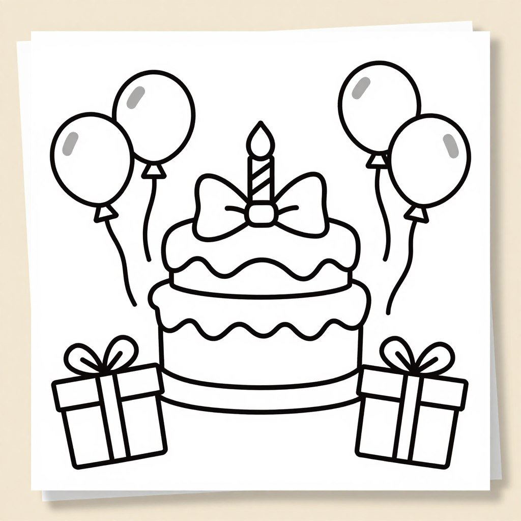 Birthday coloring page with cute elements