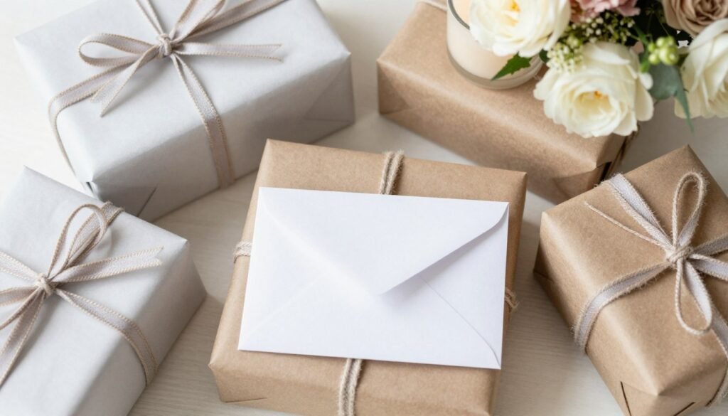 Birthday self-gift arrangement with wrapped presents, candle and card