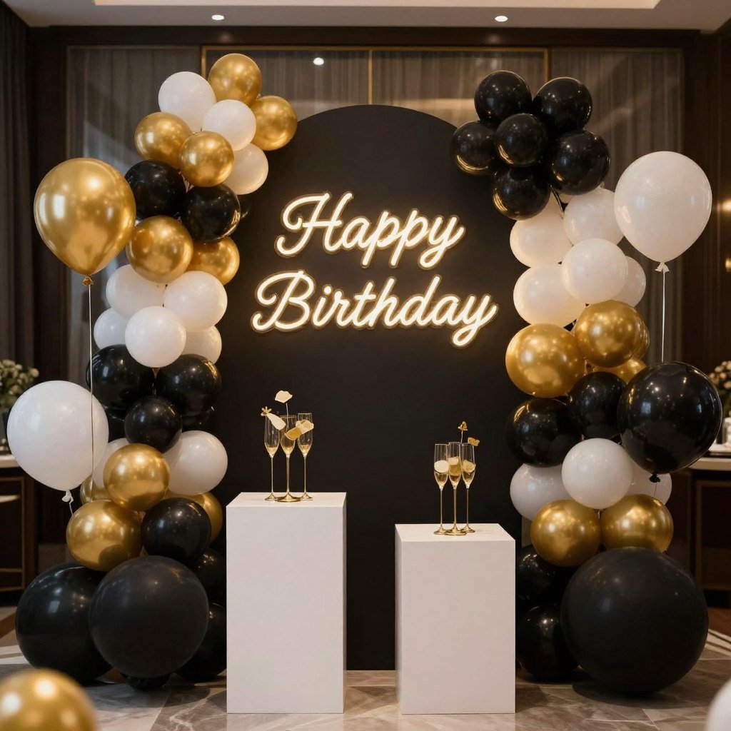 Birthday setup with black, gold and white color scheme for happy birthday wishes pics Birthday setup with black, gold and white color scheme for happy birthday wishes pics