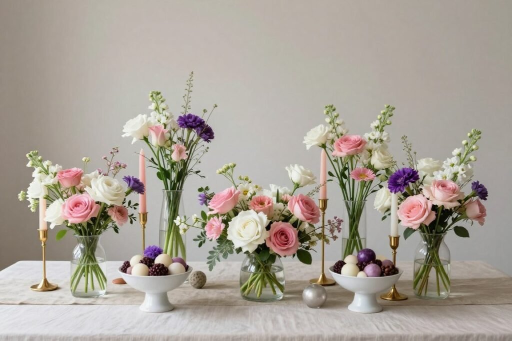 Birthday table centerpiece with mixed height floral arrangements, candles, and decorative elements Birthday table centerpiece with mixed height floral arrangements, candles, and decorative elements