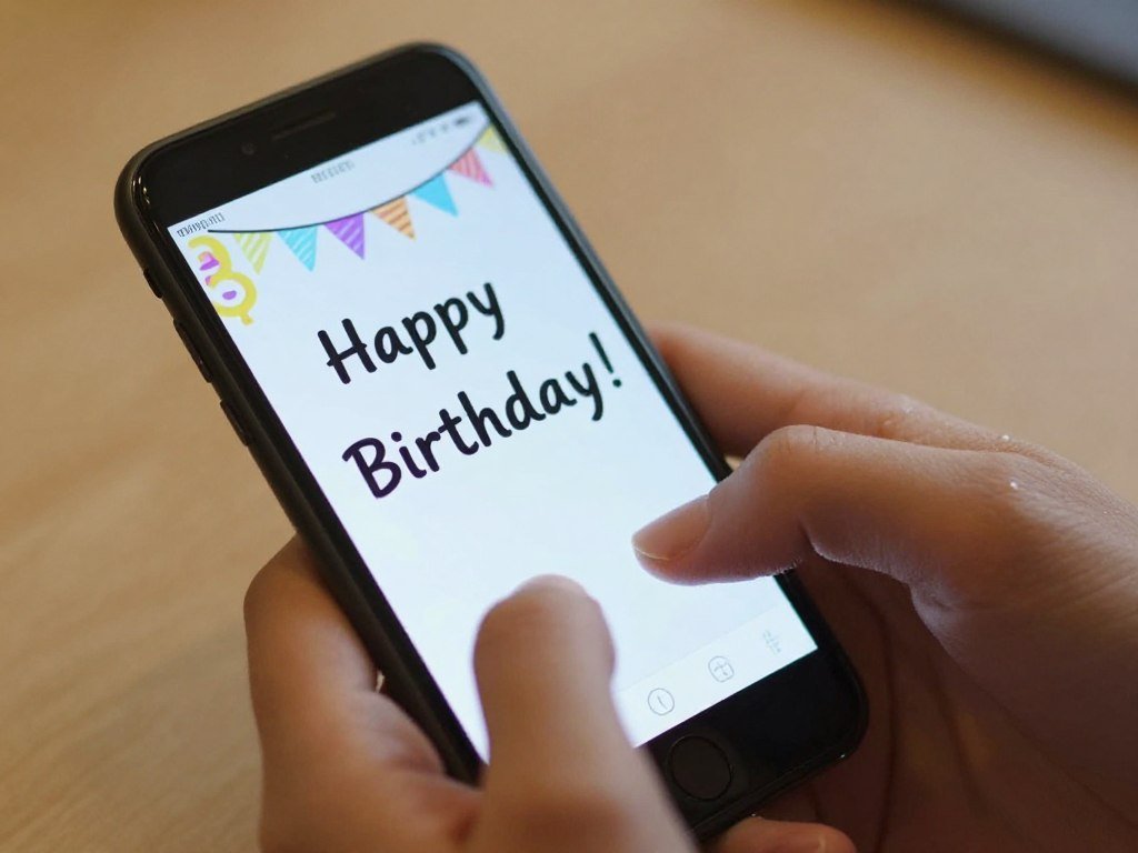 Birthday text message being typed on a smartphone Birthday text message being typed on a smartphone