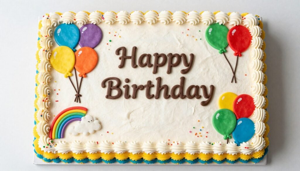 Birthday-themed sheet cake with colorful sprinkles, piped balloons, and a festive border