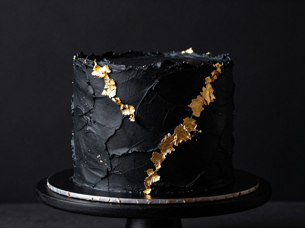Black cake with gold leaf accents and dramatic texture