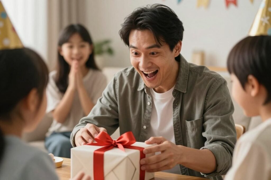 Brother opening a birthday gift with excitement