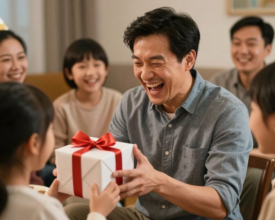 Brother opening a funny gag gift and laughing