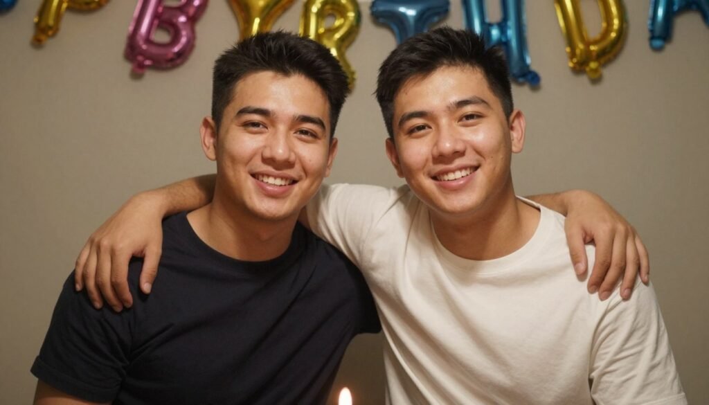 Brothers celebrating a birthday together with arms around shoulders Brothers celebrating a birthday together with arms around shoulders