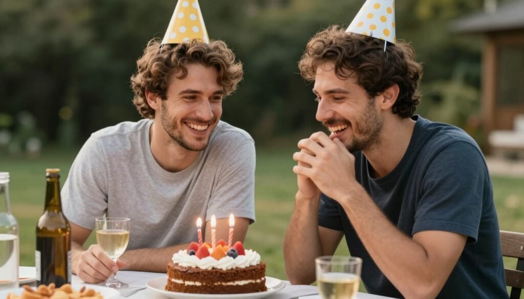 Brothers enjoying a birthday celebration outdoors