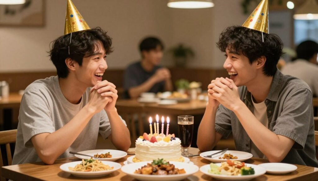 Brothers enjoying a birthday meal at a restaurant