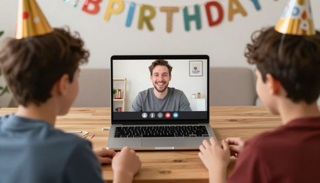 Brothers having a video call celebration across distance