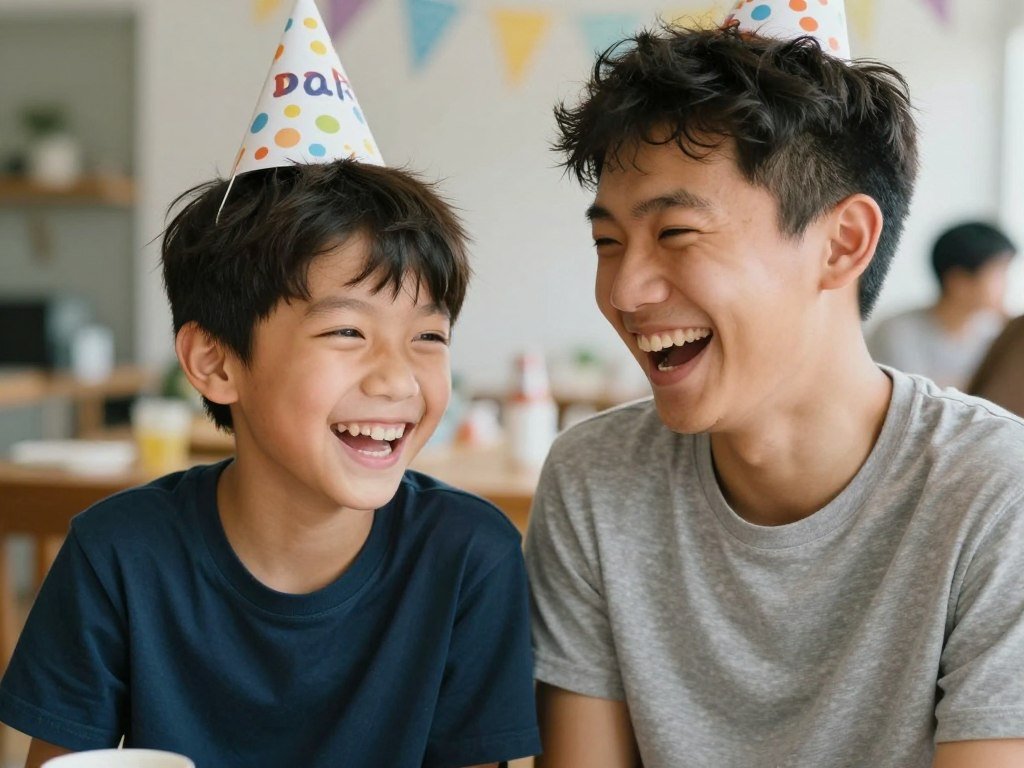 Brothers laughing together during a birthday celebration