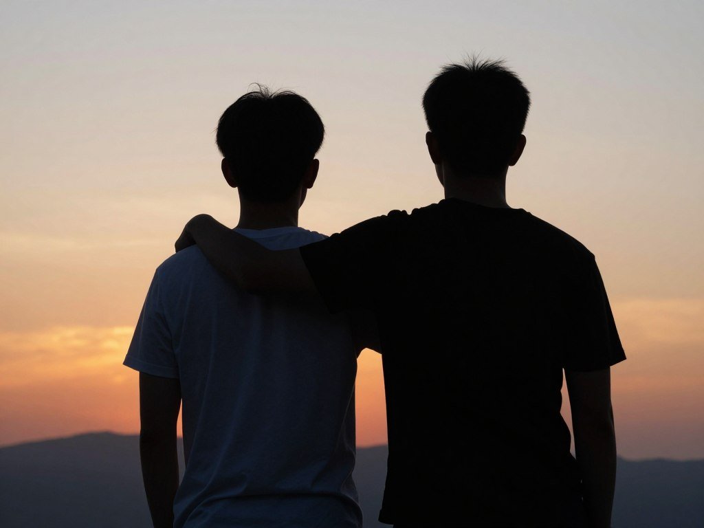 Brothers standing together at sunset on birthday