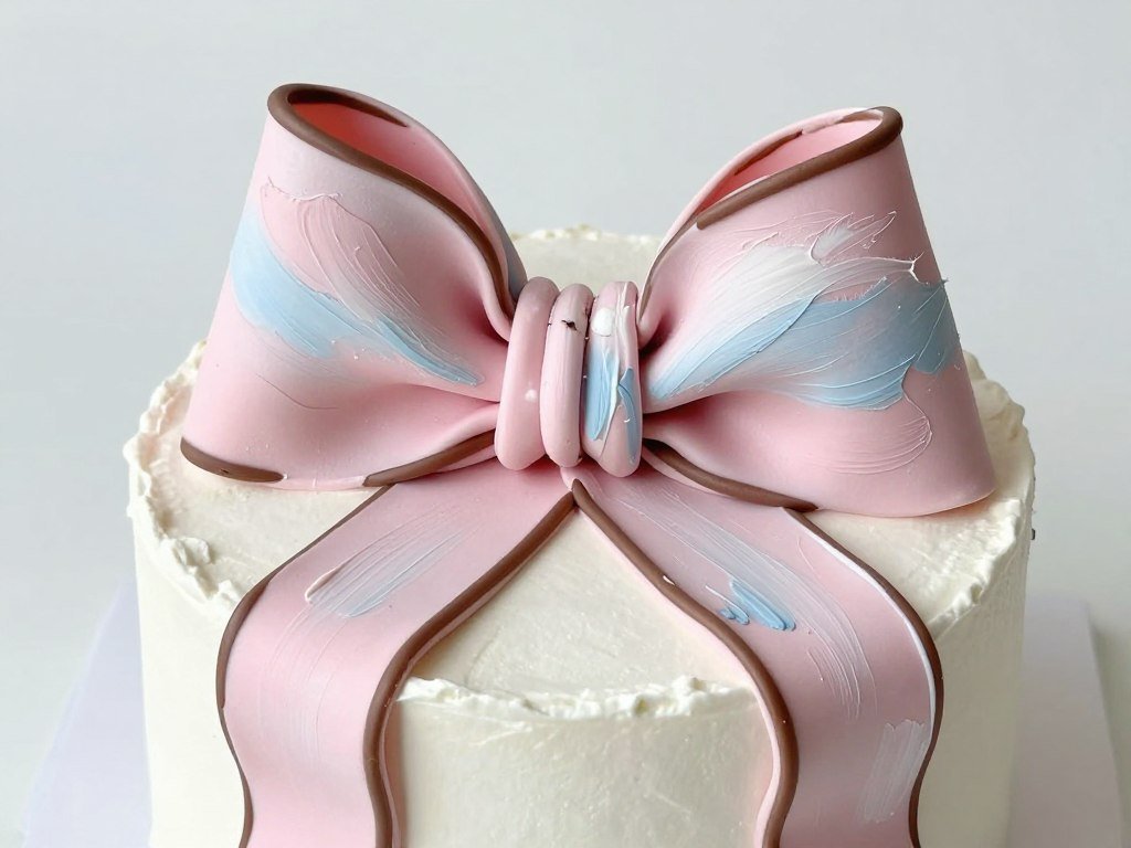 Brushstroke bow cake design in pastel colors