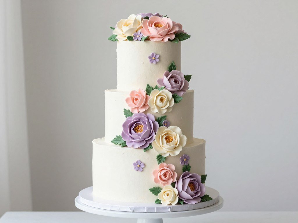 Buttercream flower cake design with pastel roses and peonies on a white cake