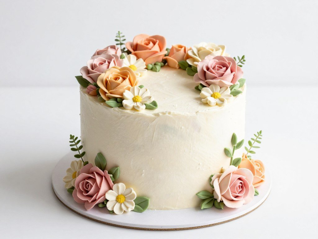 Buttercream flower cake with piped roses, daisies, and greenery