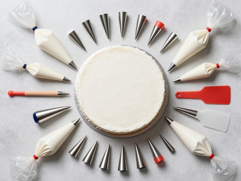 Cake decorating tools and supplies arranged around a simple white cake