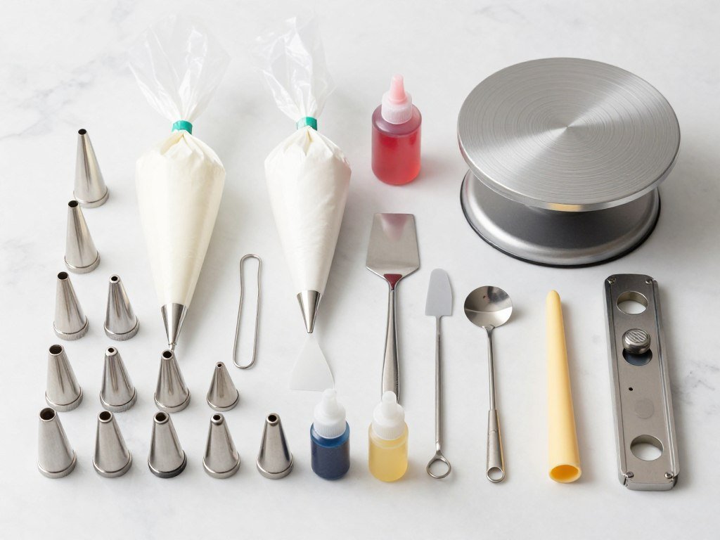 Cake decorating tools including piping bags, tips, and spatulas