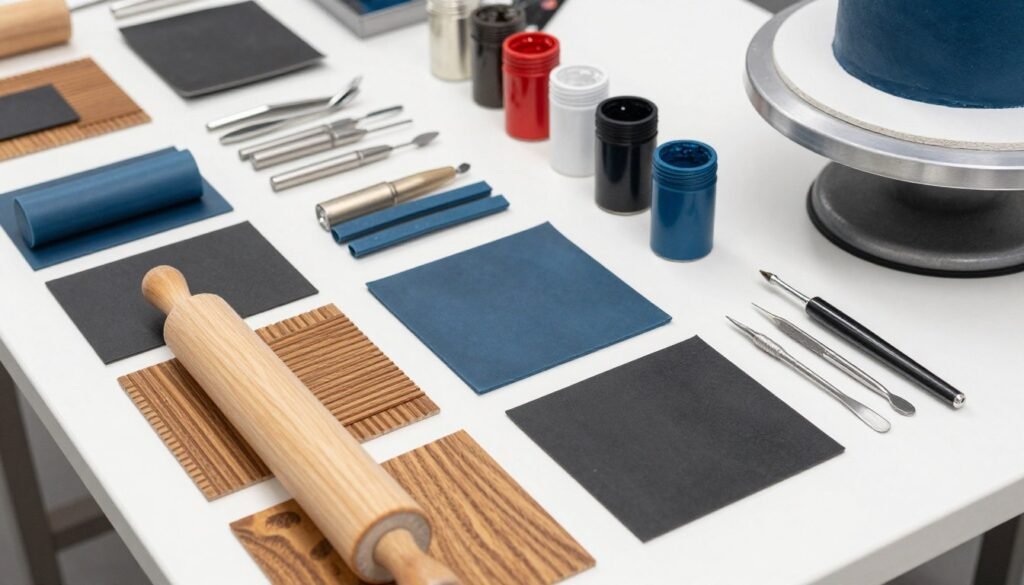 Cake decorating workspace with essential tools for creating men's cake designs including fondant tools, airbrush, and texture mats
