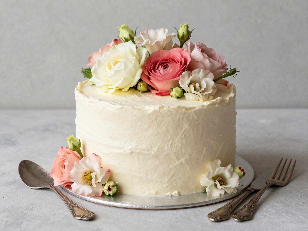 Cake styled with complementary props like fresh flowers and vintage cutlery