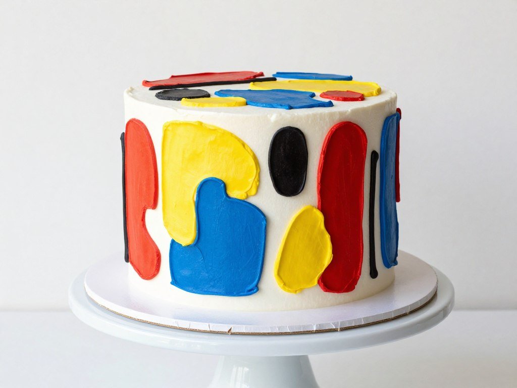 Cake with bold abstract patterns in bright primary colors
