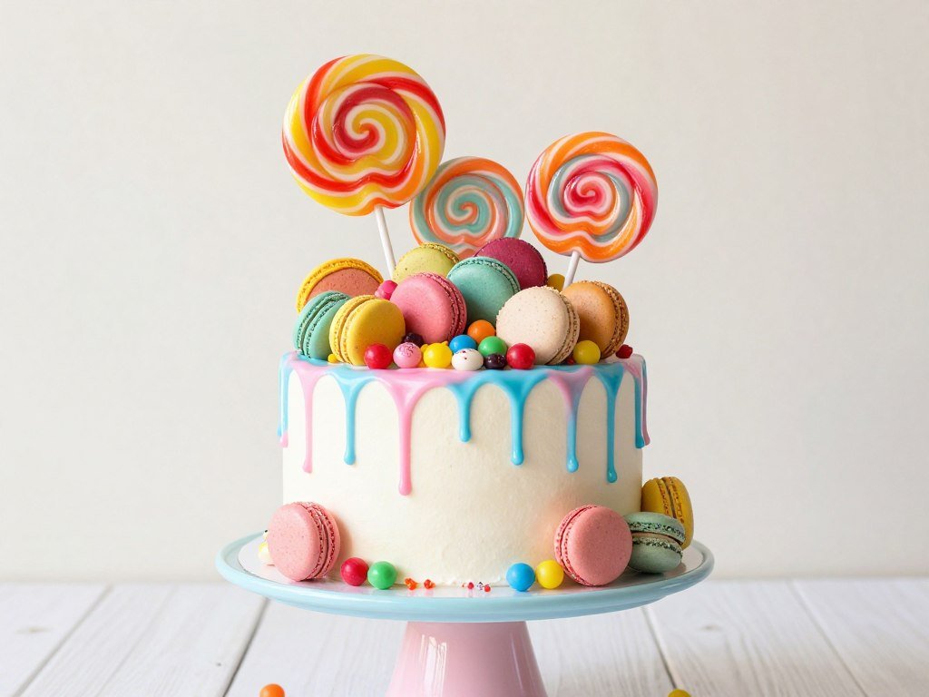 Cake with candy drip, colorful macarons and oversized lollipops