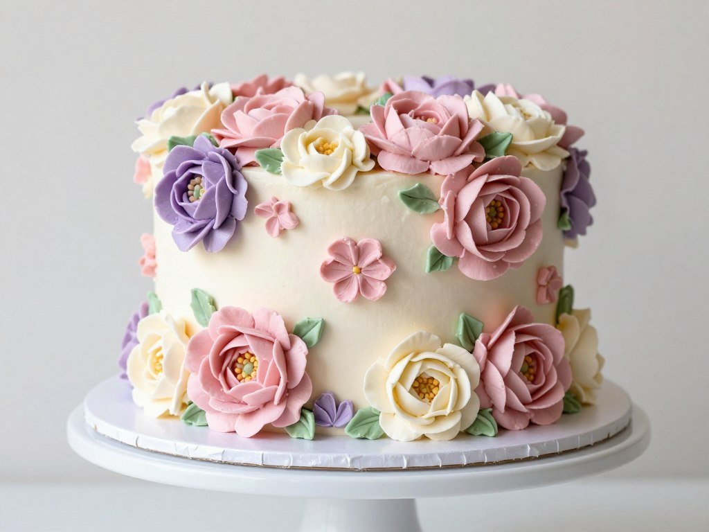 Cake with detailed buttercream flower piping in pastel colors