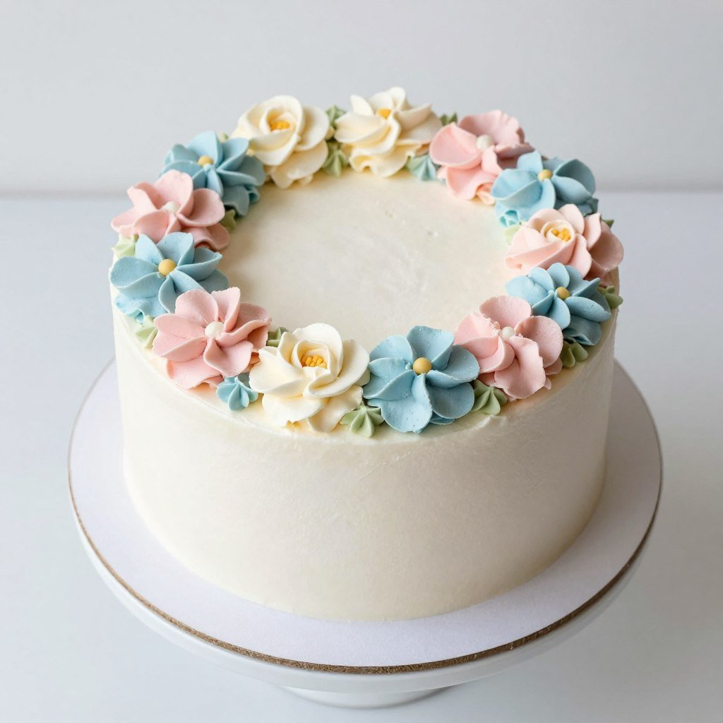 Cake with detailed buttercream flower wreath in pastel colors