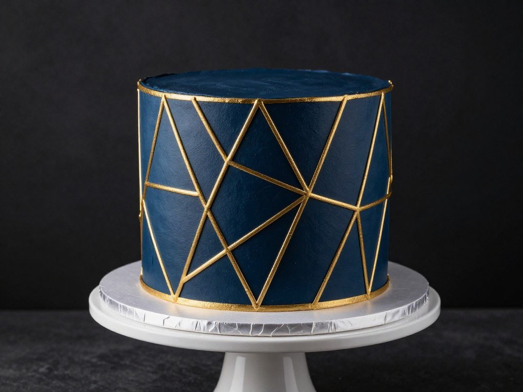 Cake with gold geometric patterns on navy blue fondant