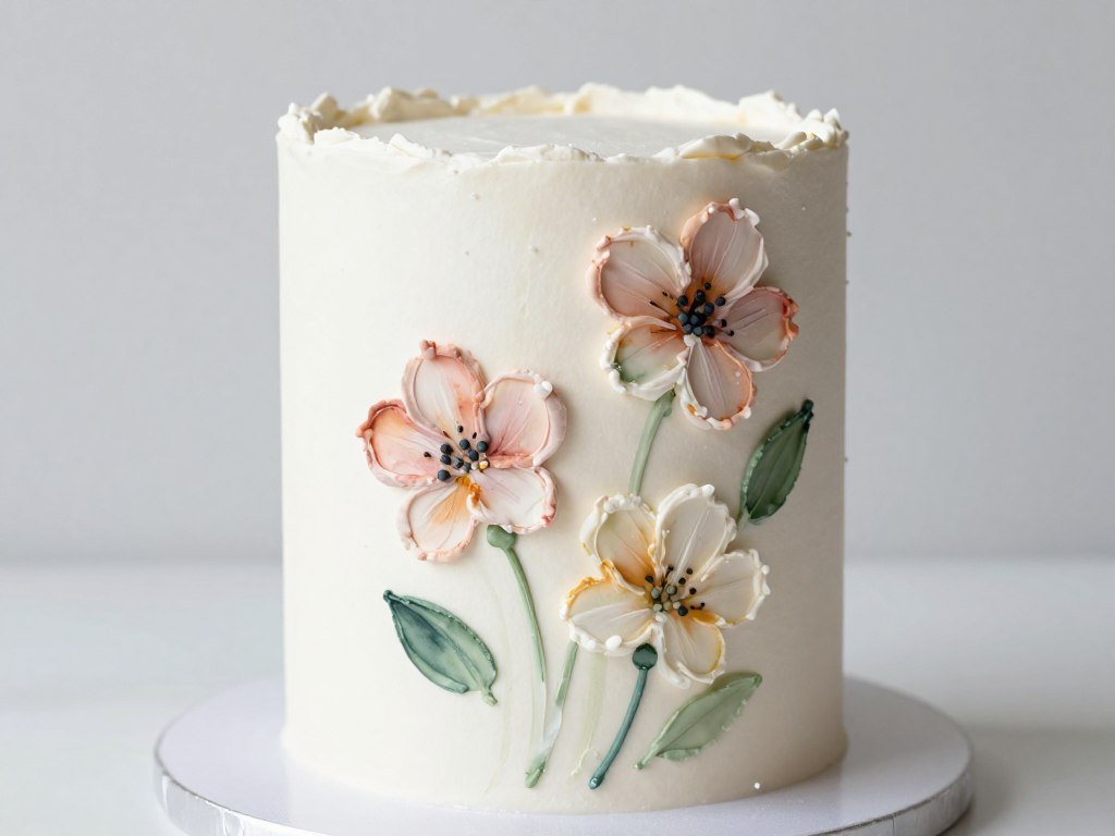 Cake with hand-painted watercolor style flowers on fondant