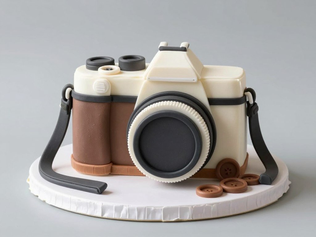 Camera shaped cake with fondant lens and details