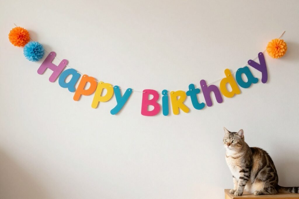 Cat-safe birthday decorations including paper pom-poms and a 'Happy Birthday' banner hung high on a wall