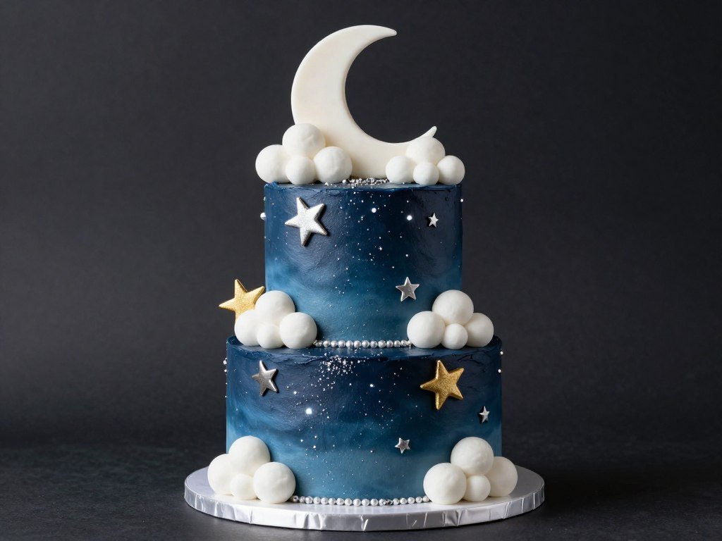 Celestial themed baby shower cake with stars, moon, and cloud details