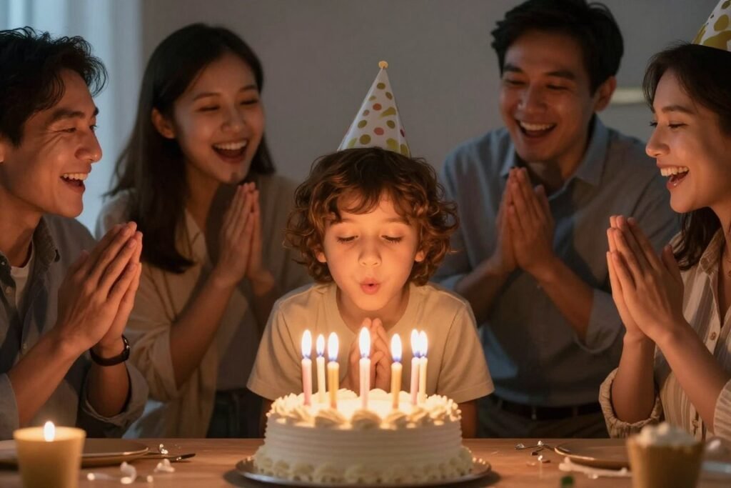 Child blowing out birthday candles while family sings happy birthday song