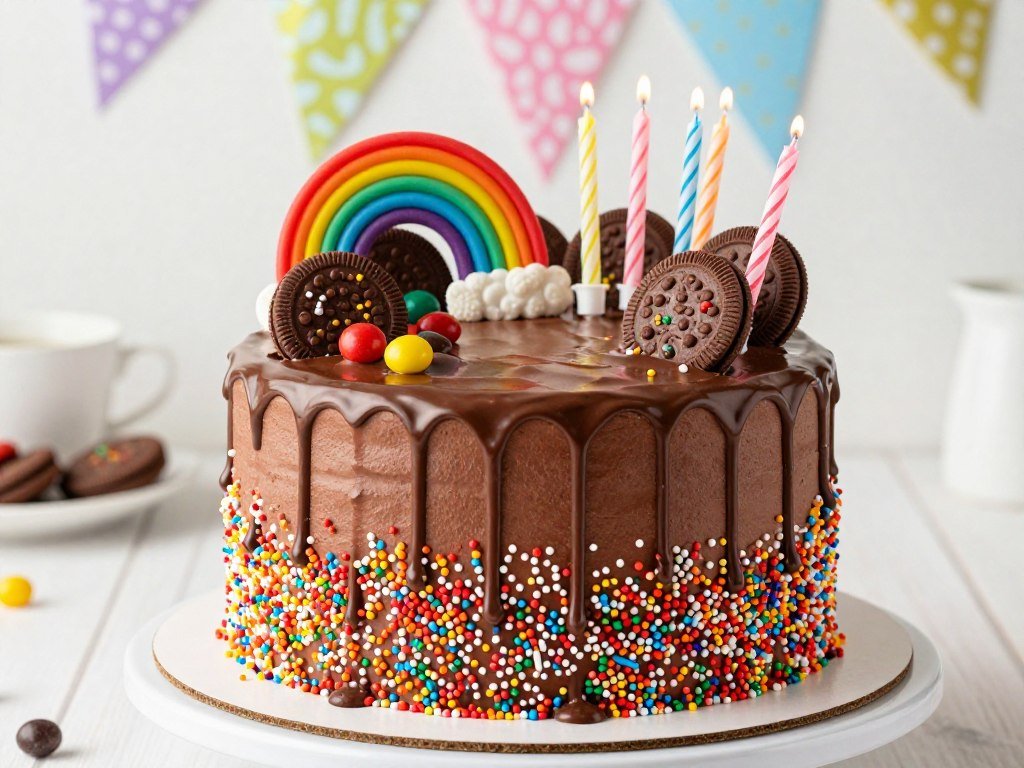 Chocolate birthday cake with colorful sprinkles, chocolate drip, and birthday candles Chocolate birthday cake with colorful sprinkles, chocolate drip, and birthday candles