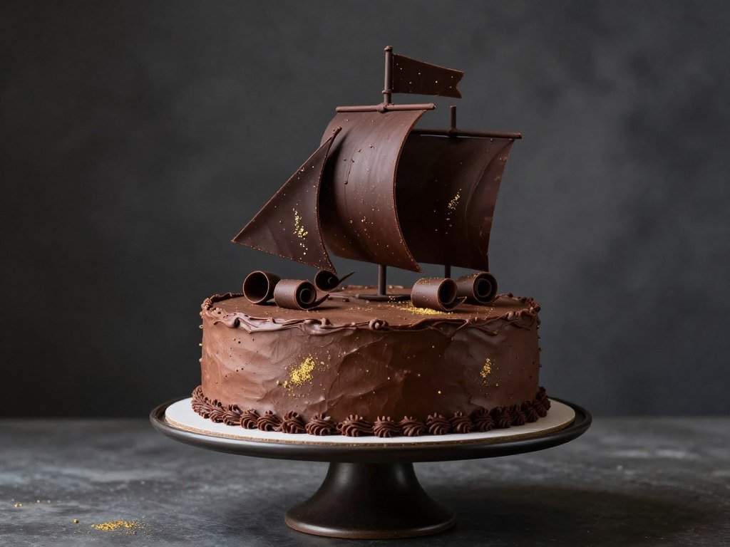 Chocolate cake with chocolate sail decorations and chocolate curls Chocolate cake with chocolate sail decorations and chocolate curls