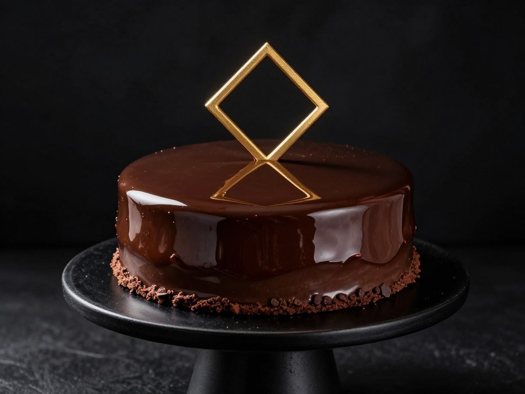 Chocolate cake with mirror glaze ganache finish reflecting light with gold decoration Chocolate cake with mirror glaze ganache finish reflecting light with gold decoration