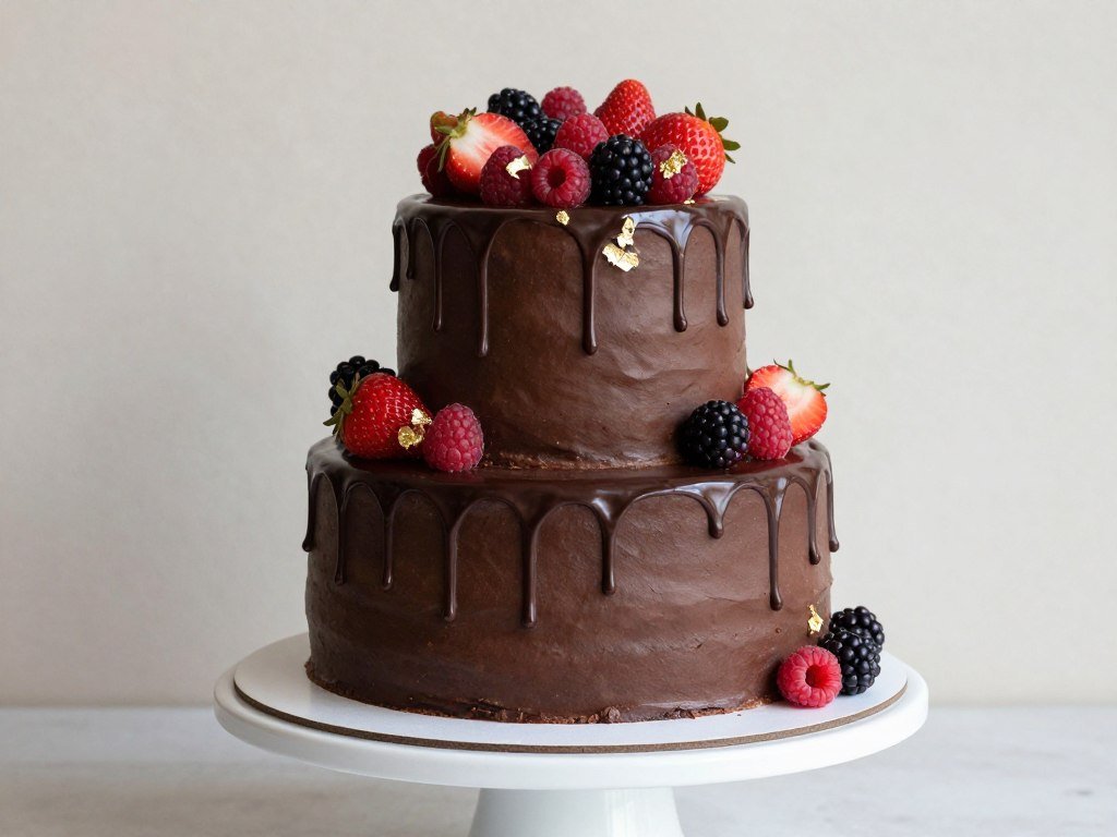 Chocolate drip cake with fresh berries and gold accents